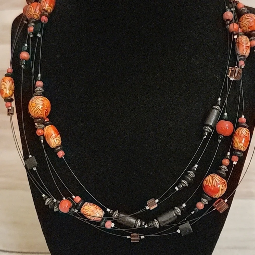 Multistrand Black wire and Beaded Necklace